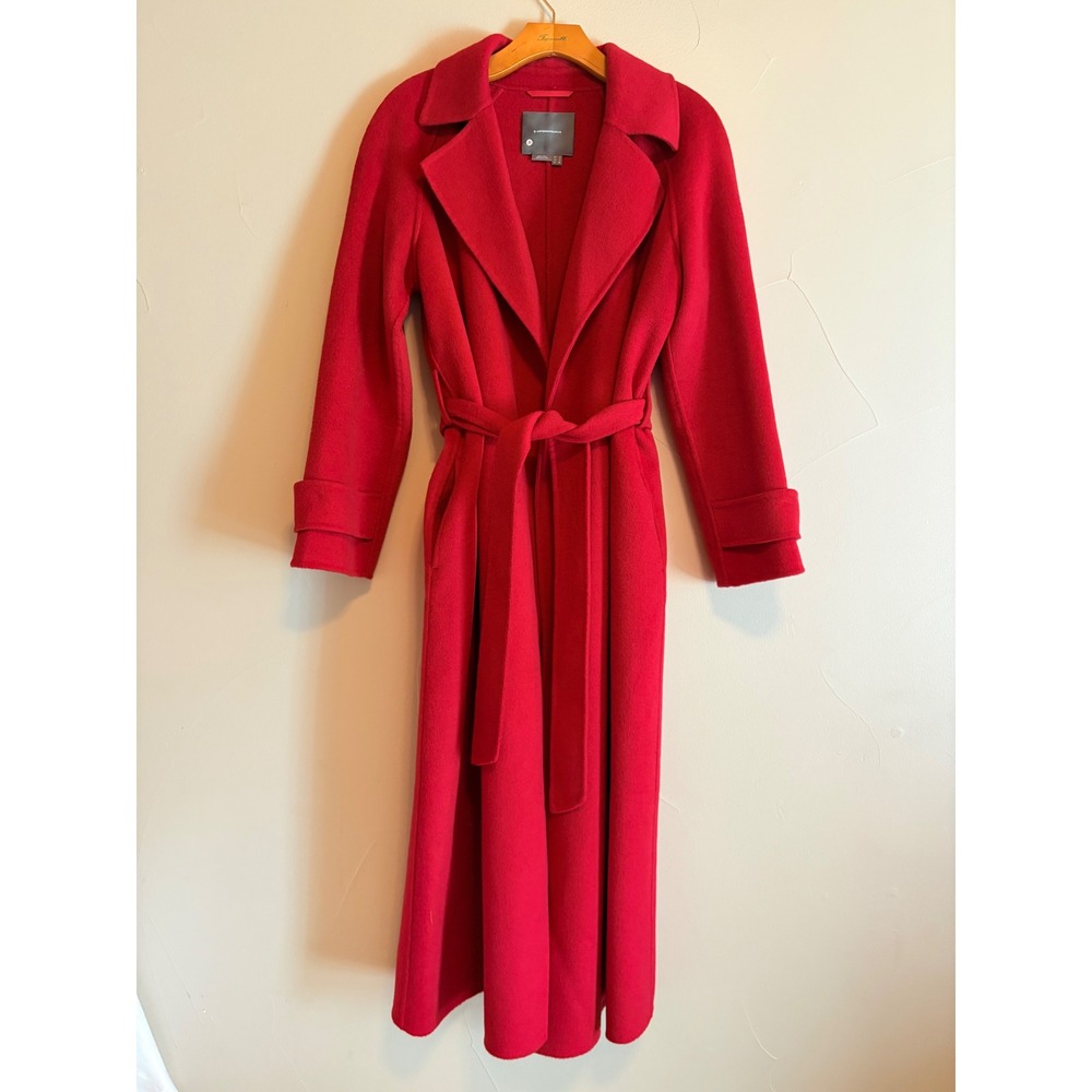 Anthropologie Red Longline Belted Wool Blend Wrap Coat Notched Lapel Size 2 US